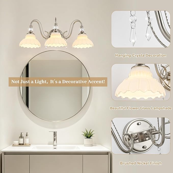 Brushed Nickel Bathroom Vanity Light, 3-Light Nickel Finish Wall Sconce with Hanging Crystal Accents and Flower-Shaped White Glass Shades, Modern Wall Mount Vanity Light Over Mirror for Bathroom