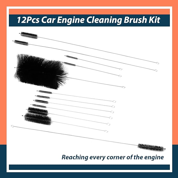 12Pcs 61820 Car Engine Cleaning Brush Kit Motor Alternators Bay Stainless Steel Wire Long Nylon Polishing and Cleaning Brushes Set Tool