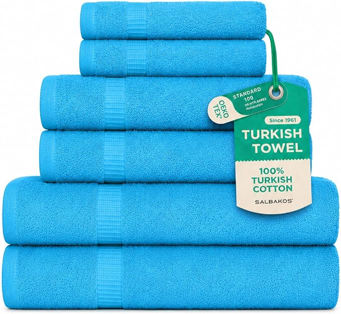 SALBAKOS 100% Turkish Cotton Bathroom Towel Set of 6-Piece, Aqua | 630 Gsm Thick Super Soft Highly Absorbent 2 Bath + 2 Hand + 2 Washcloth Towels Sets, Giftable, Hotel Quality, Made in Turkey