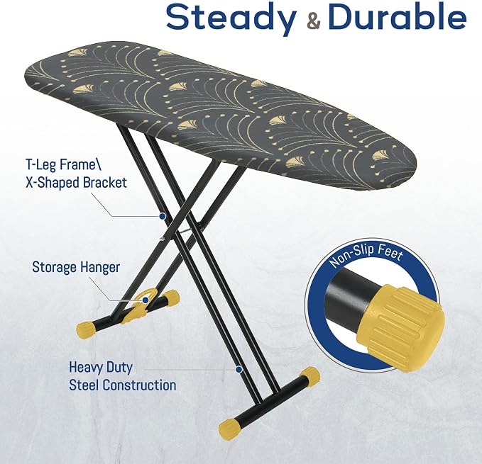 Ironing Board 43x13, RAINHOL Full Size Iron Board with Thick Padded Cover, Adjustable Height, Foldable Ironing Table with Hanger, Black Gold Pattern