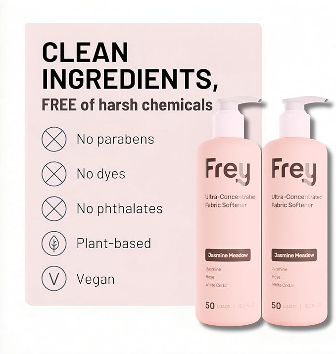 FREY Natural Liquid Fabric Softener and Conditioner | HE Laundry Softener for All Machines | Plant-Powered Eco Friendly Formula | 2-Pack, Jasmine Rose