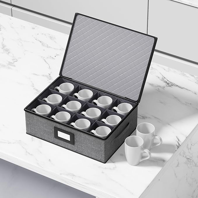 2-Pack Cup Storage Box with Dividers, Hard Shell Mug Organizer with Lid | Holds 24 Mugs, Teacups & Glasses, Quilted, Dual Zippers, Reinforced Handles, Stackable, Moving and Seasonal Storage, Grey