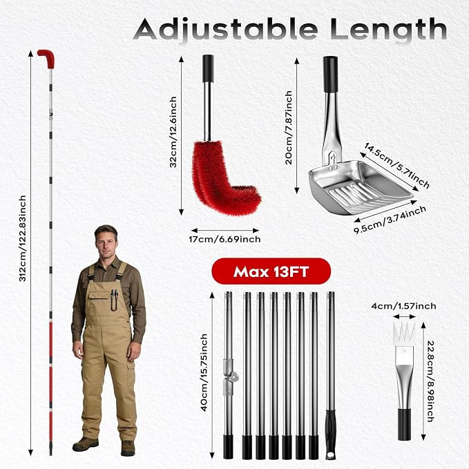 13ft Gutter Cleaning Tools From the Ground, No Ladder Needed, 3-in-1 Gutter Cleaner Pole with Replaceable Brush Rake Scoop, 180° Adjustable Angle for Leaves & Debris Cleaning with Grip Tapes, Red