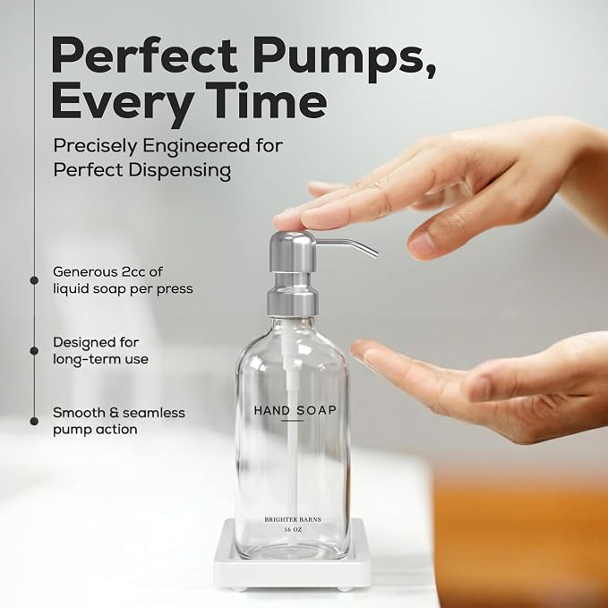 Glass Hand and Dish Soap Dispenser Set by Brighter Barns - Modern Kitchen Soap Dispensers with Stainless Steel Pump - Neutral Home Decor for Hotel, Restaurant, Vacation Rental, Airbnb (Clear/Silver)