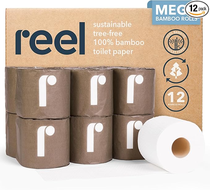 Reel Premium Bamboo Toilet Paper - 12 Rolls of Toilet Paper - 3-Ply Made From Tree-Free - Zero Plastic Packaging, Septic Safe