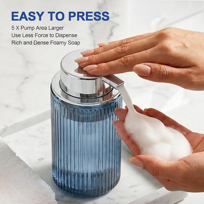 KASUNTING Blue Glass Foaming Soap Dispenser, Ribbed Foam Hand Soap Dispenser for Bathroom, 11 Fl Oz Refillable Foaming Pump Bottle with Black Pump, Modern Dish Soap Foam Dispenser