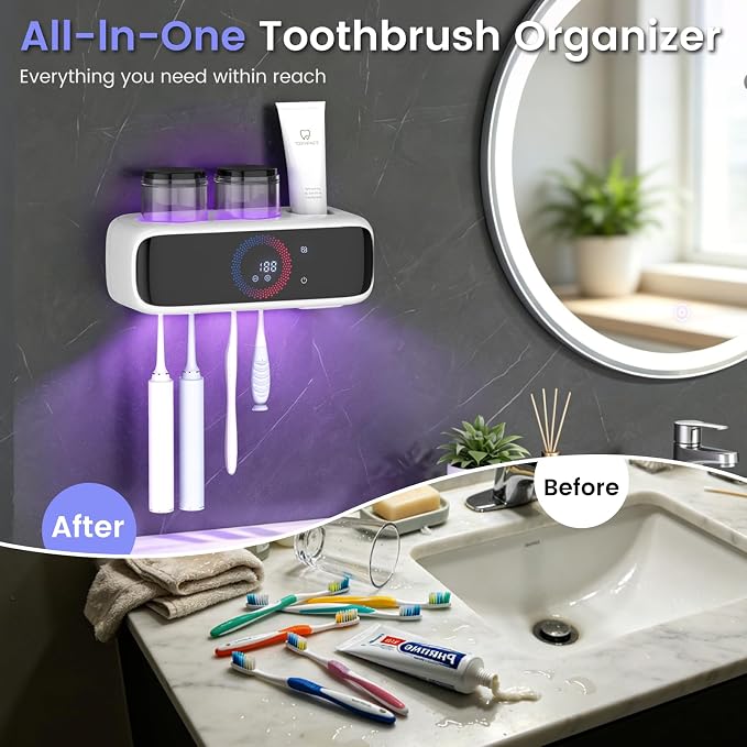 Electric Toothbrush Holders for Bathrooms, UV Tooth Brush Holder&Fan Drying | UV Sanitizer & Fan Drying, 4000mAh Large Battery, Washable Inner Rack, 2 Cups & Toothpaste Holder Wall Mounted Organizer