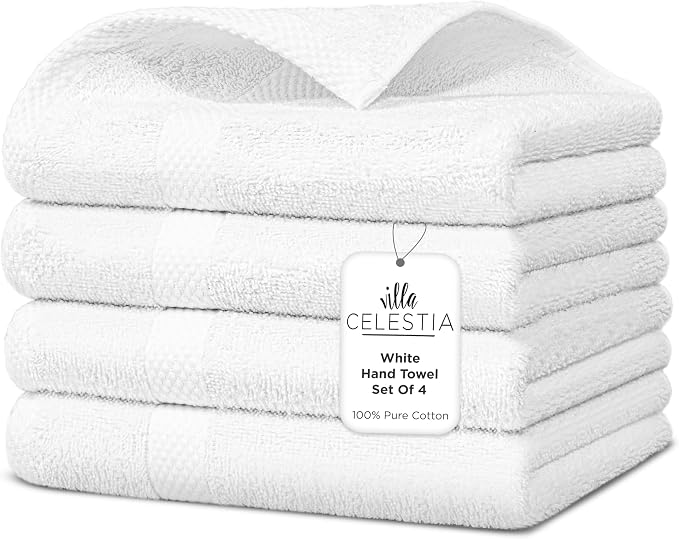 Villa Celestia Cotton Hand Towels Set of 4, 16 x 28, Oeko-TEX Certified, Quick Dry, White
