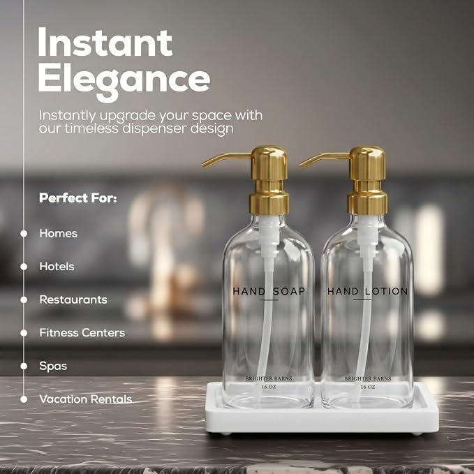 Luxury Glass Soap Dispenser Bathroom Set by Brighter Barns - Refillable Liquid Hand Soap and Lotion Dispenser Set with Tray and Pump - Gold Bathroom Decor for Guest House, Modern Airbnb (Clear/Gold)