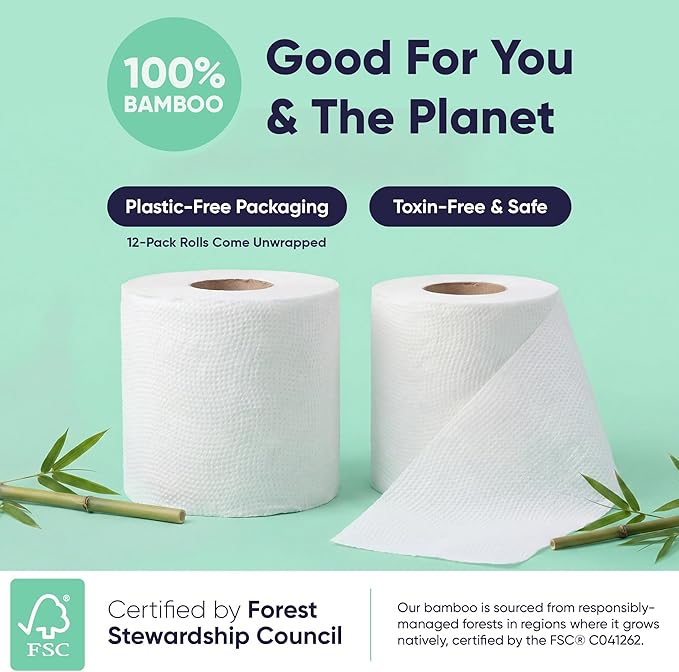 Save Trees Bamboo Toilet Paper - 12 Rolls Of Organic Toilet Paper, 3-ply, 300 Sheets Per Roll - PFAS Free, FSC Certified, Plastic Free, Vegan & Chemical Free Bamboo TP