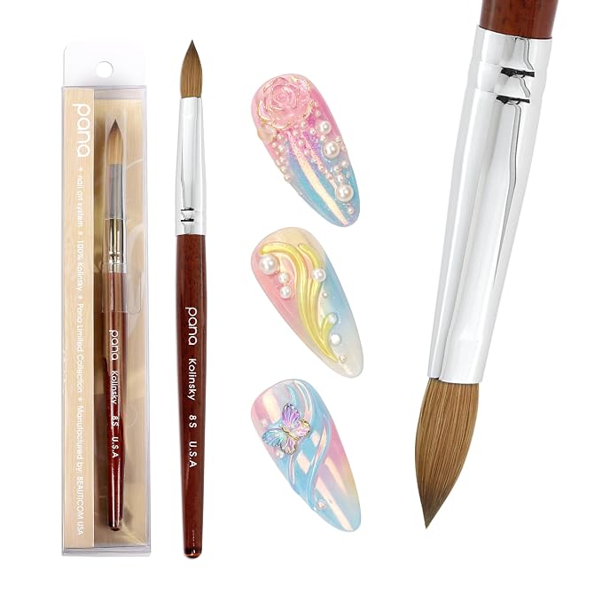 PANA Pure Kolinsky Hair Acrylic Nail Brush - Oval Crimped Shape Silver Ferrule with Mahogany Wood Handle (Size 8)