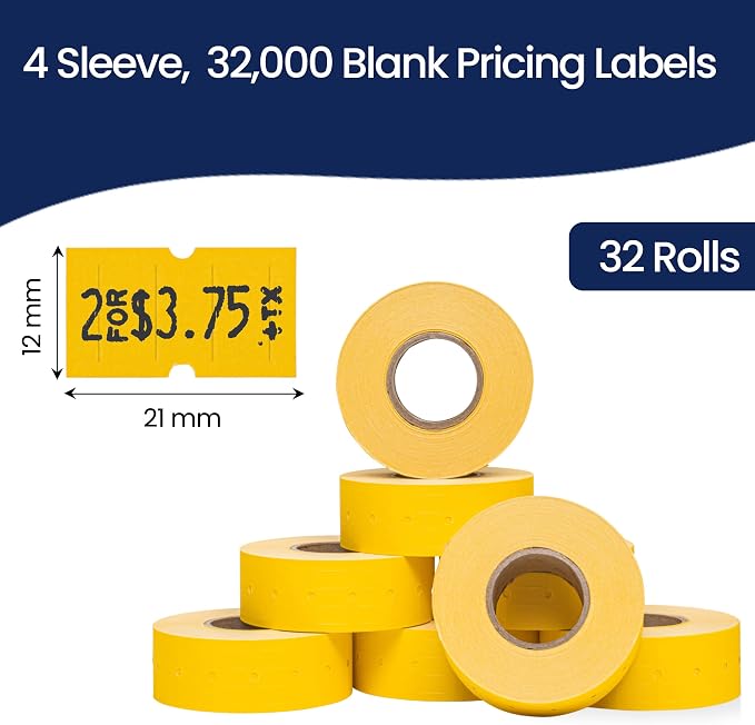 Perco 1 Line Yellow Labels - 32,000 Blank Price and Date Gun Labels for Perco Lite, X, Plus and Pro 1 Line Price and Date Guns - 32 Rolls, 4 Sleeves - Made in USA