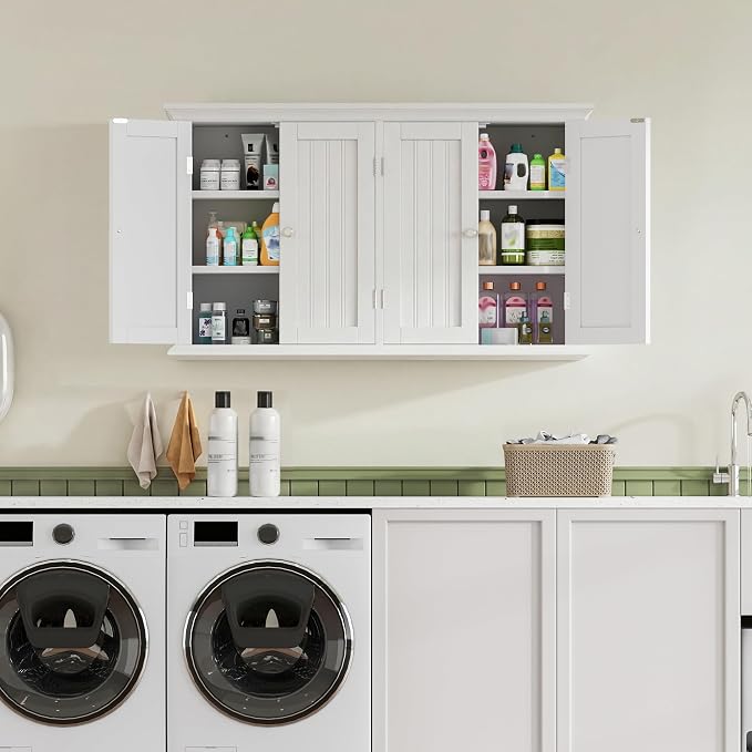 ChooChoo Bathroom Wall Cabinet with 4 Doors, Laundry Cabinet Wall Mounted, Medicine Cabinet with Adjustable Shelves, Hanging Kitchen Cupboard Organizer, White