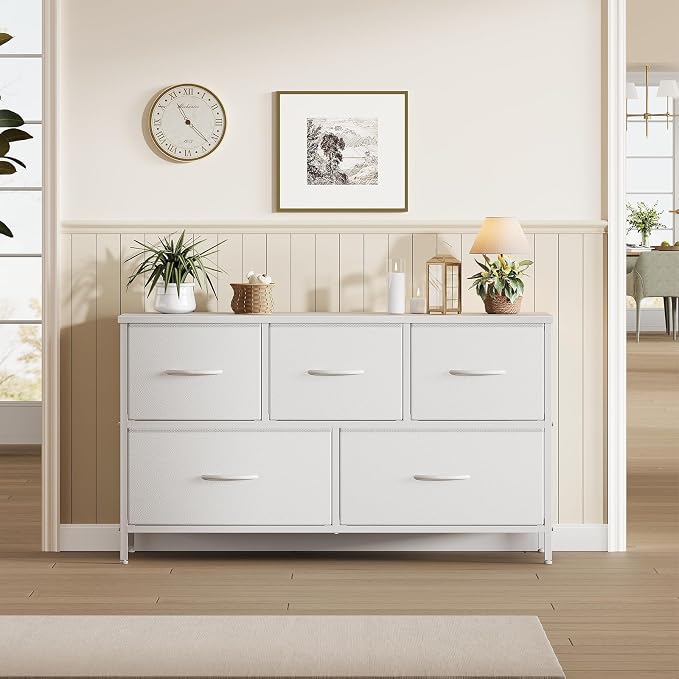 OLIXIS White Dresser for Bedroom, Wide Chest of Drawers for Clothes Storage | Fabric Bedroom Dresser with 5 Drawers, Storage Organizer Unit with Fabric Bins, Wooden Top, Living Room