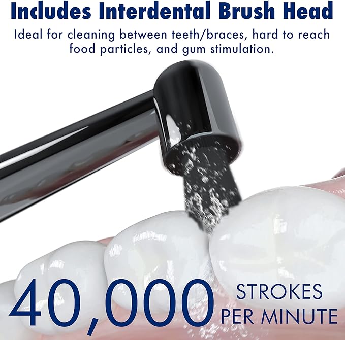 Sonic-FX Solo Electric Toothbrush w/ 10 Brush Heads + 1 Interdental, Charcoal Bristles, Rechargeable, Charging/Storage Base, 3 Brush Modes, Smart Timer, 2 Months Use on Full Charge, Blue Color
