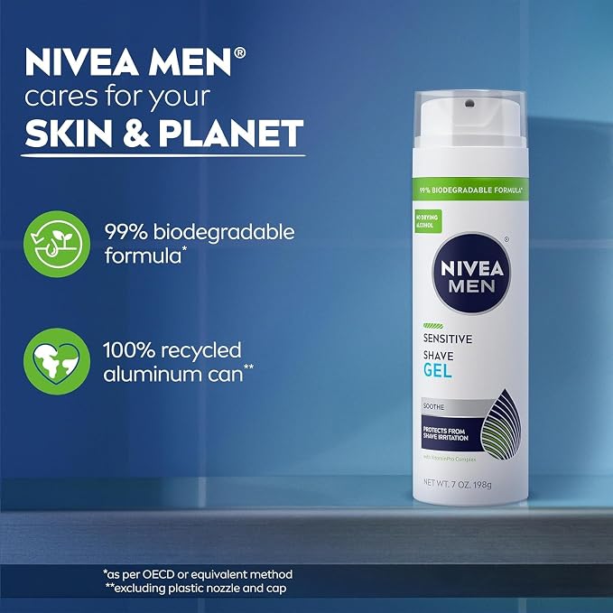 NIVEA FOR MEN Sensitive, Shaving Gel 7 Ounce (Pack of 10)