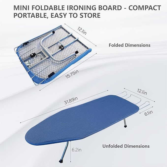 Metal Foldable Tabletop Ironing Board with Iron Rest, Portable Ironing Board Small with Heat Resistant Cotton Cover, Mini Iron Board for Small Space and Travel, 31"x12",Blue