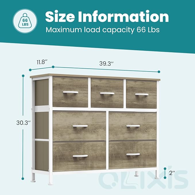 OLIXIS 7 Drawers Fabric Dresser for Bedroom, Storage Tower Organizer for Living Room & Entryway, Sturdy Steel Frame, Wooden Top & Easy-Pull Bins, Closet Chest for Clothes, Oak Greige