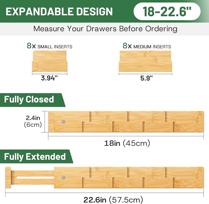 kiplant Kitchen Drawer Dividers - Adjustable Drawer Organizer for Clothes, Kitchen, Closet & Office - 8 Pack with Inserts, 18-22.6 Inches, Non-Slip Silicone Ends