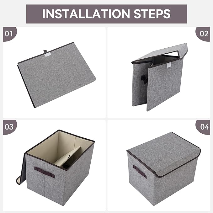 Bagnizer Linen Fabric Foldable Storage Cube Bin Organizer Basket with Flip-Top Lid & Handles, Large Clothes Blanket Box for Home, Office, Closet, Light Gray, 4 Pack 14.6 x 9.5 x 9.5”