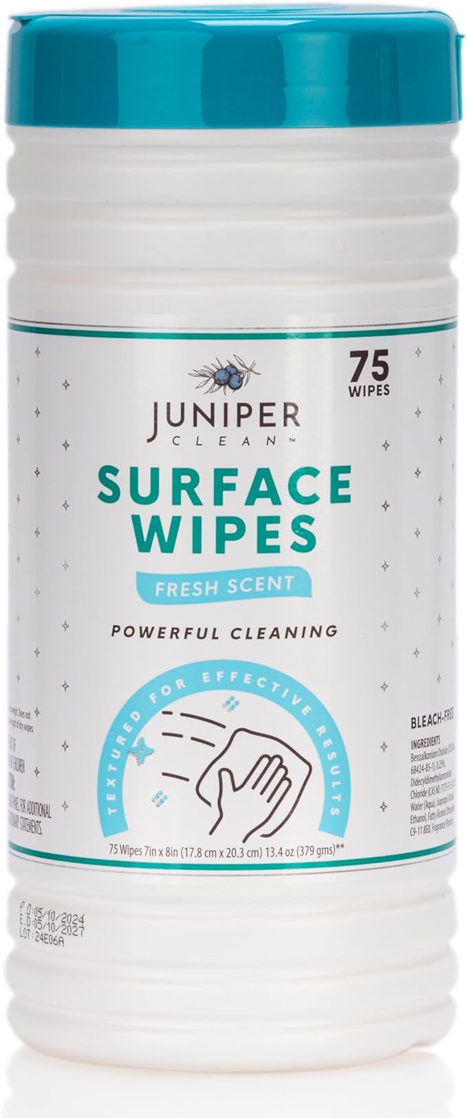 Juniper CLEAN 6 Pack Surface Cleaning Wipes Bleach Free, All-Purpose Cleaner for Bathroom, Kitchen, Office, 450 Count Canister, 7.5" x 7" Sheet, Fresh Scent, Lint Free & Durable