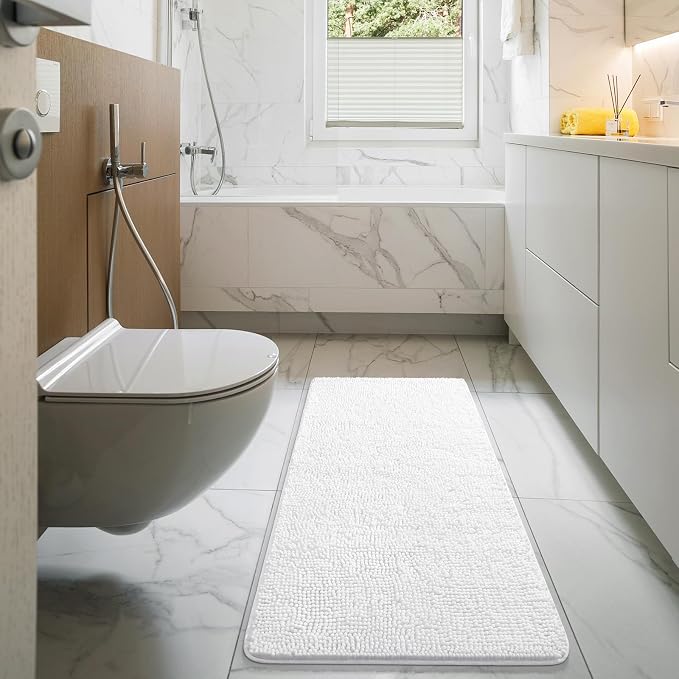 LOCHAS Luxury Bathroom Rug Shaggy Bath Mat 24 x 54 Inch, White | Washable Non Slip Bath Rugs for Bathroom Shower, Soft Plush Chenille Absorbent Carpets