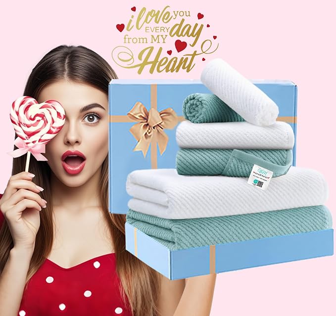 VOOVA & MOVAS 6PC Towel Set, 100% Cotton, Aqua Teal White | 2 Large Bath 30x56 In,2 Hand 18x28 In, 2 Washcloths 13x13 In, Soft, Quick Dry, Thick, Bathroom Essentials
