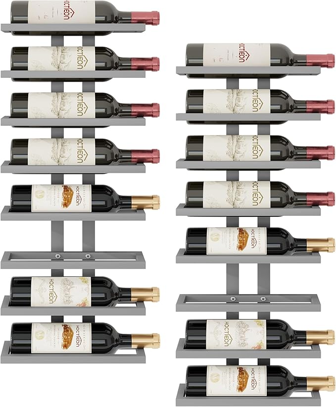 Hoctieon 2-Set 8 Tier Wall Mount Wine Rack (16 Tiers), Wall Racks for Wine Bottles Display and Storage, Hanging Bottle Organizer for Living Room, Dining Room, Wine Cellar, Bar, Grey
