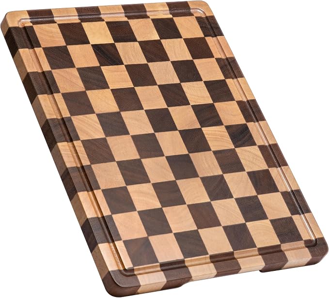 Checkered Cutting Board, Wooden Cutting Boards for Kitchen | Acacia Wood Cutting Board with Handle & Juice Grooves, Small Charcuterie Boards with Gift Box, 14" X 11" X 0.8"