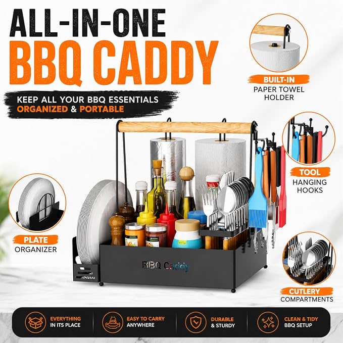 Portable BBQ Grill for Cuisinart CPG-700 Woodcreek XL 2021-2024, Multi Compartment Outdoor Grilling Organizer with Plate Rack, Paper Towel Holder & Tool Hooks for Camping,B