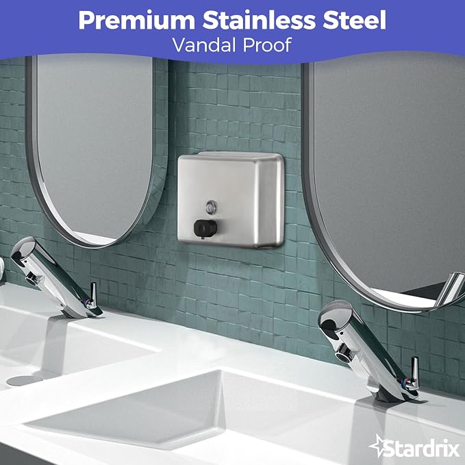 Stardrix Stainless Steel Extra Large 1400ml/47oz Capacity Industrial Grade Soap Dispenser, Commercial Wall Mount Bathroom Hand Soap Dispenser with Corrosion Proof Lining and Anti-Leak Pump