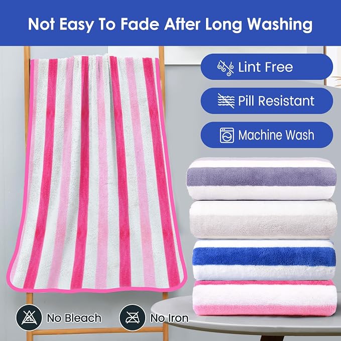 JML Microfiber Bath Towels, 2 Pack, 30" x 60", Cabana Stripe Pink | Hanging Loop, Lint Free, Oversized, Soft, Super Absorbent,Fast Drying, Perfect for Shower, Sauna, Gym, Sports, Fitness, Yoga