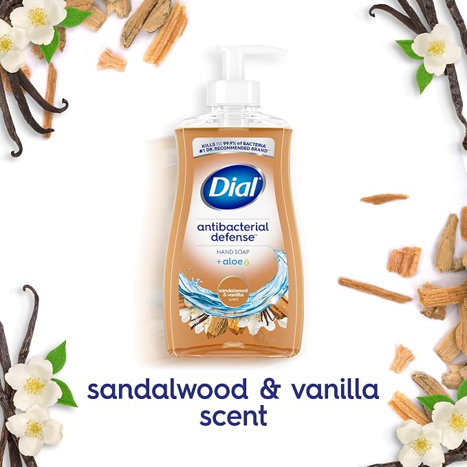 Dial Antibacterial Defense Liquid Hand Soap + Aloe, Sandalwood & Vanilla Scent, 11 Fl Oz (Pack of 12), Dermatologist-Tested Hand Wash, Gentle Formula