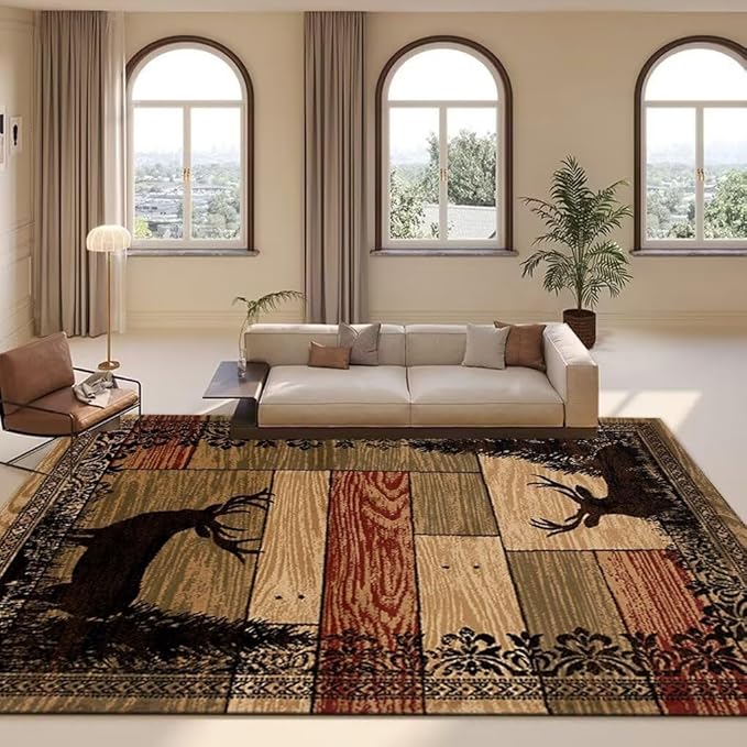 Colorful Patchwork Cabin Rug for Kitchen Luxury Native Village Country Carpet Moose Deer Rugs Rectangular Floor Mat 3'x5'