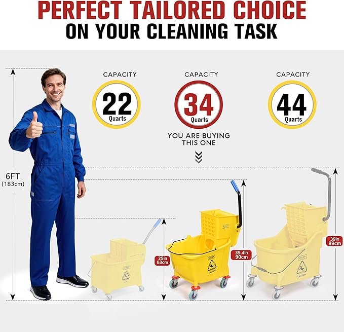Matthew Cleaning 34 Quart Commercial Mop Bucket INCL.Wet String Mop with Side Press Wringer On Wheels,Heavy Duty Tandem Portable Floor Cleaning Wavebrake,Ideal for Household,Industrial,Restaurant