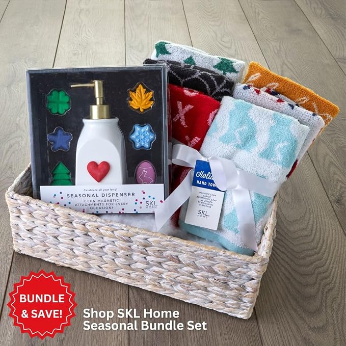 SKL Home Seasonal Soap/Lotion Dispenser Gift Set with 7 Interchangeable Magnetic Holiday Attachments, Refillable for Bathroom & Kitchen, Gold