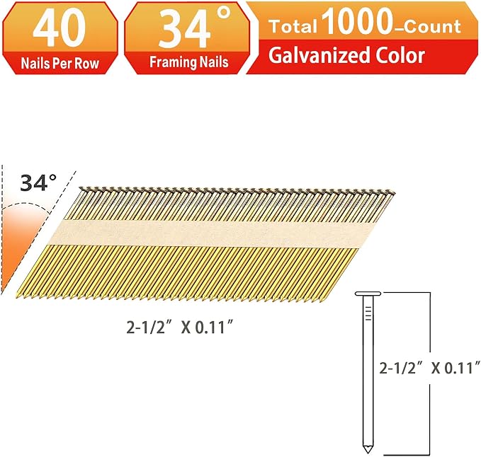 34°Framing Nails,Smooth Shank,2-1/2":1000pcs | D Head Nail Pack,Galvanized Paper Tape Strip Nails,for 30 to 34 Degree Framing Nailer