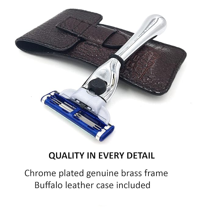 Parker Travel Razor – Compatible with Gillette® Mach3® Cartridges – Compact Chrome Brass Handle with Premium Buffalo Leather Case for Men’s Grooming & Travel
