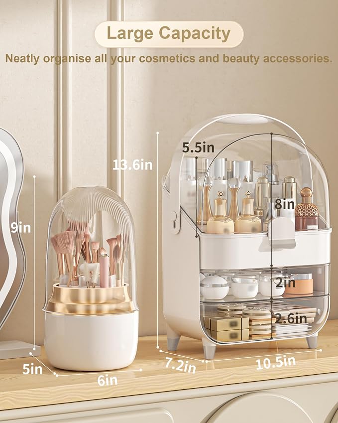 Makeup Organizer Countertop, Skincare Holder Bathroom Counter Organizer, Storage Box Cosmetic Display Cases, Teen Girl Gifts Make up Organizers (Sliver/Brush)