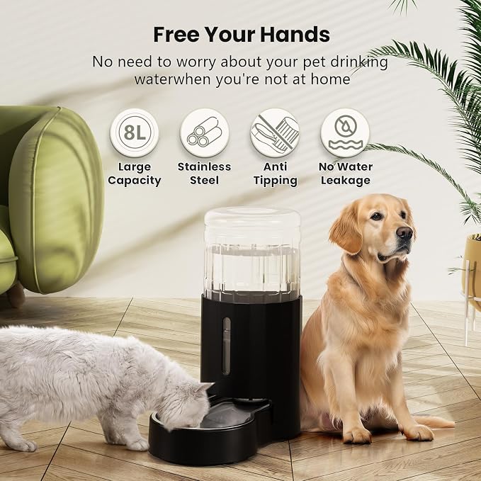 CZPET Dog Water Bowl Dispenser 8L, Wider Mouth Gravity Refilling (Black) | With Stainless Steel Bowl Gravity Waterer, Large Capacity and Drinking Area Noise-Free for Pets