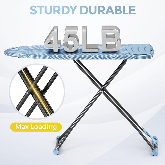 APEXCHASER Ironing Board with Iron Rest, Compact and Space Saver Iron Board, Extra Thick Cover, Height Adjustable, Wall Mount & Closet Hanger 13x43 Blue