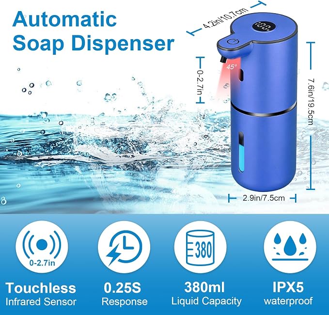 OHIFAST Automatic Liquid Soap Dispenser Touchless, USB Rechargeable Smart Hand Soap Dispenser, 6-Level Adjustable, 12.8oz/380mL Wall Mounted for Bathroom Kitchen Accessories Dish Soap-Blue