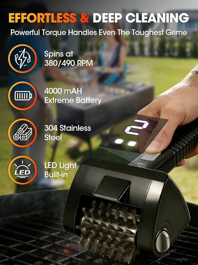 Electric Grill Brush, Built-in LED BBQ Cleaner with 29W High Torque Motor, 2-Speed Hard Scrubbing Cordless Grill Cleaner (Black)