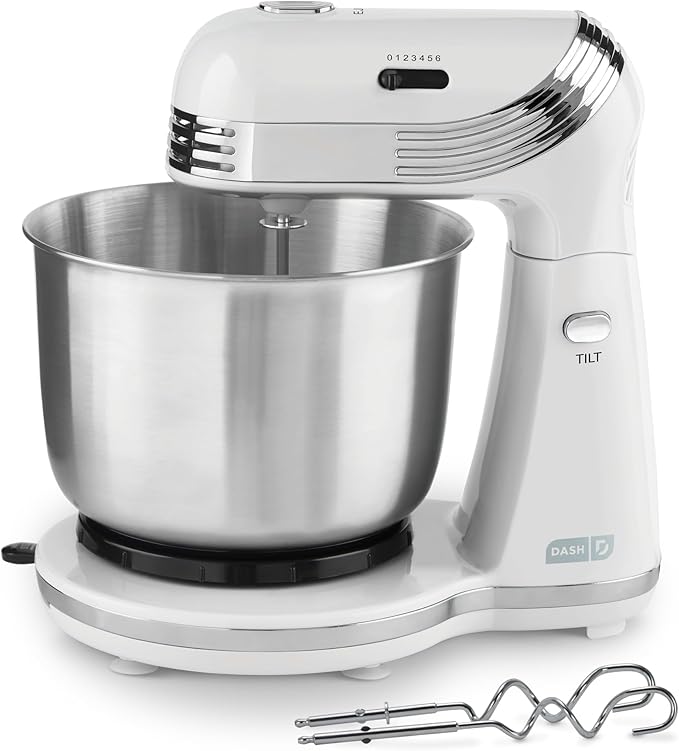 Dash Everyday Stand Mixer - Compact Tilt-Head Stand Mixer for Everyday Recipes - 6-Speed Power with Stainless Steel Bowl - White, 3-Quart