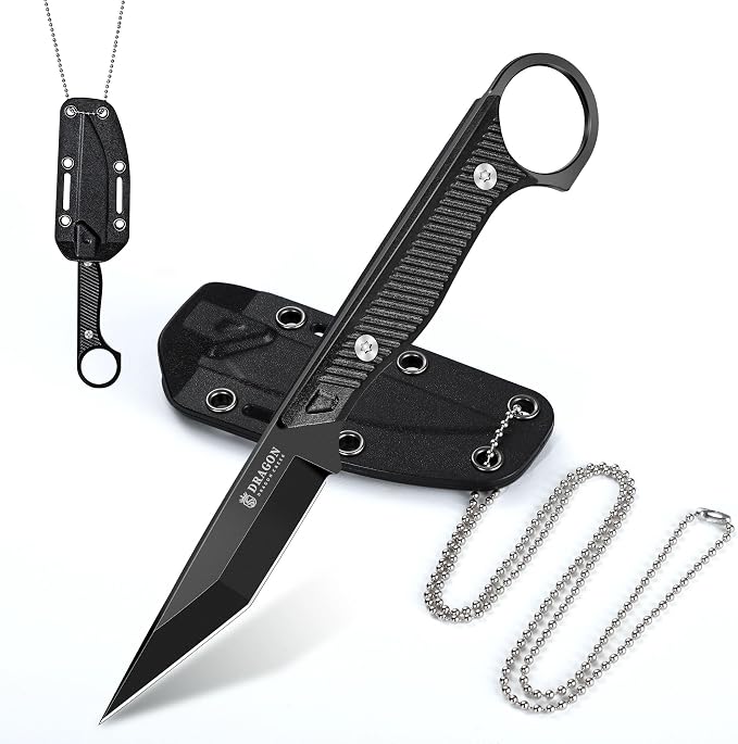 Dragon Creek Outdoor Neck Knife - Black Small Full Tang Fixed Blade | Knife with Sheath and Chain Black Thanksgiving Gift Men