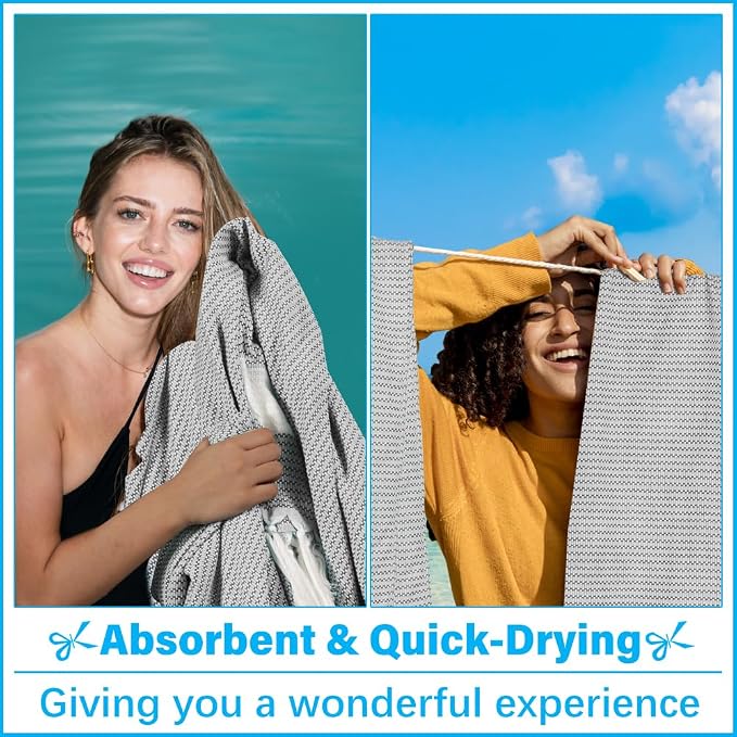 Vikumond Turkish Beach Towel Blanket Oversized 88x82 Inch Quick Dry Grey | Lightweight Compact Portable Sand Free Absorbent Boho Woven Throw for Pool Swimming Picnic Camping Cruise Outdoor Essentials