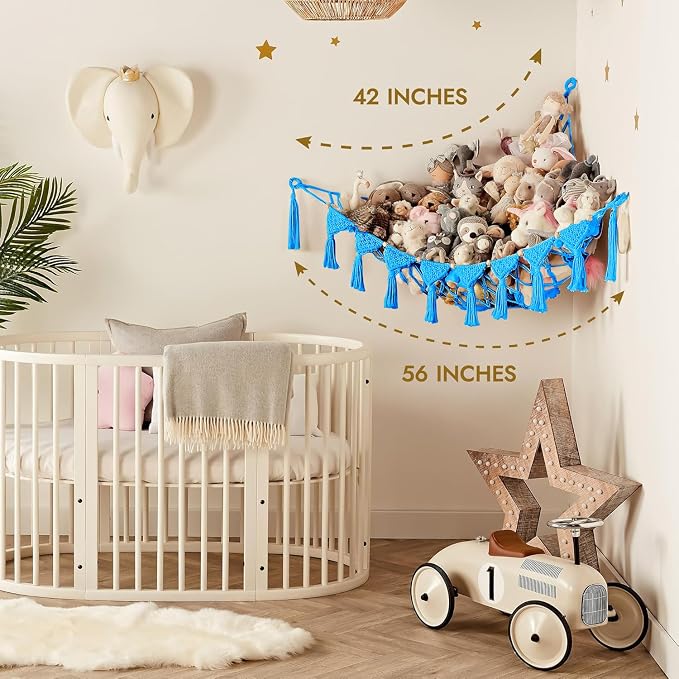 TIDYTEDS Macrame DreamLights Boho Stuffed Animal Storage Net Hammock Extra Large Plush Toy Storage Holder For Small Or Large Plushies BLUE