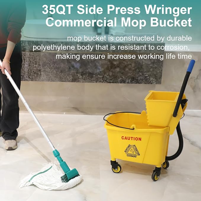 Side Press Wringer Combo Commercial Mop Bucket on Wheels, 35 Quart,Yellow, Including Commercial Mop and Rubber Gloves