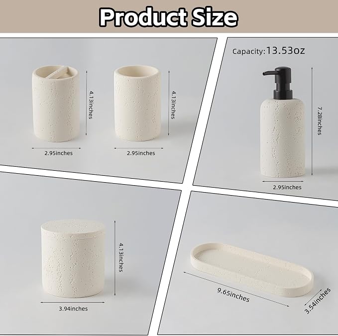 Bathroom Accessories Set,4 PCS Travertine Stone Look Collection,Cream | Modern Bath Organizer with 13.53OZ Soap Dispenser,Toothbrush Holder,Tumbler,Vanity Tray,2PCS Cotton Swab Jars for Countertop