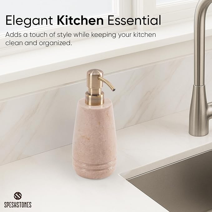 Marble Soap Dispenser 7.5'' Beige Dish Soap Dispenser with Stainless Steel Pump, Refillable Liquid Hand Soap Dispenser with 8.5 Oz Capacity for Kitchen Sink and Bathroom Countertop